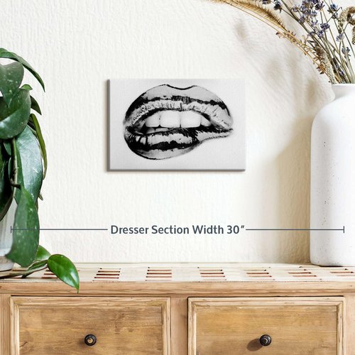 Elephant Stock Monochrome Biting Lip Canvas - 1 Panel Glossy Lips Color Pop Wall Decor - Elegant Lips Wall Art, Lip Art Decor - Andy Warhol Wall Art - 12" X 8"