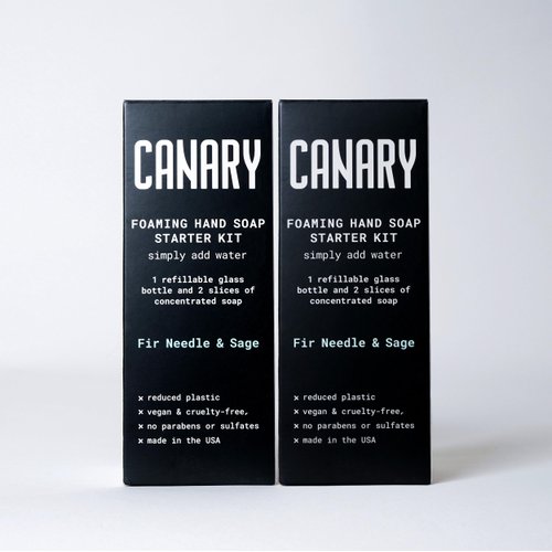 Canary Foaming Hand Soap Bars Kit - Refillable Zero Waste Hand Wash Concentrate with Coconut Oil - All Natural, Moisturizing, Organic, Non Toxic, Fir and Sage, 2 Bottles, 4 Slices