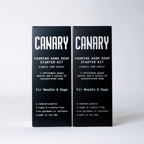 Canary Foaming Hand Soap Bars Kit - Refillable Zero Waste Hand Wash Concentrate with Coconut Oil - All Natural, Moisturizing, Organic, Non Toxic, Fir and Sage, 2 Bottles, 4 Slices