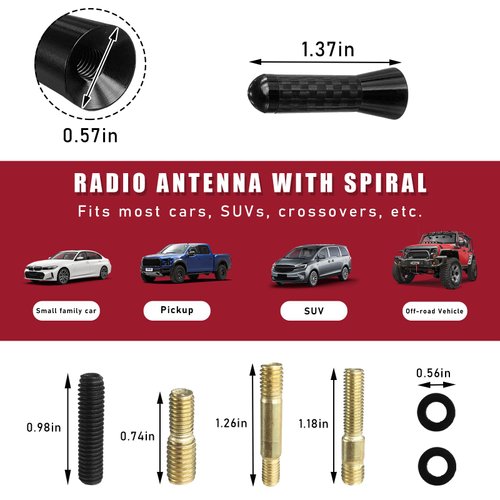 Dickno Car Short Antenna, 1.37'' Aluminum Radio Antenna Mast Replacement, Carbon Fiber Auto AM/FM Radio Reception Antenna with Screws, Vehicle Roof Mini Aerial Antenna for Car SUV (Black)