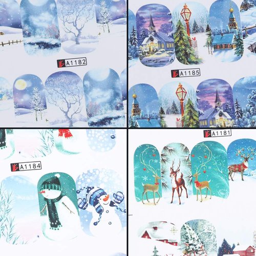 Winter Series Nail Art Stickers 12pcs Christmas Nail Decals Snowflakes Snowman Star Deer Xmas Tree Star Designs for Women Fingernails and Toenails Decorations Manicure Tips Wraps Charms Accessories