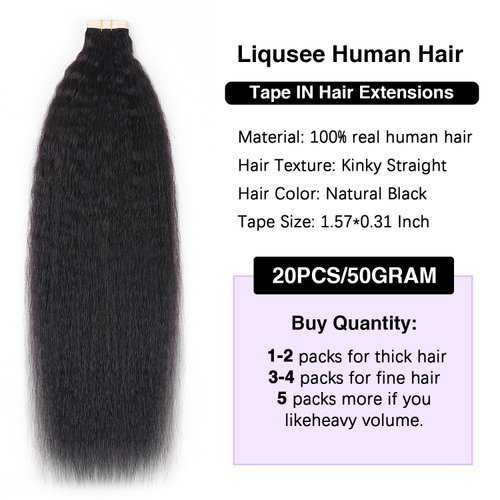 Liqusee Kinky Straight Tape In Hair Extensions Human Hair 100% Remy Hair Natural Black 14 inch 20pcs 50g/Pack Double Sided Seamless Skin Weft Tape ins Real Human Hair Extensions for Black Women