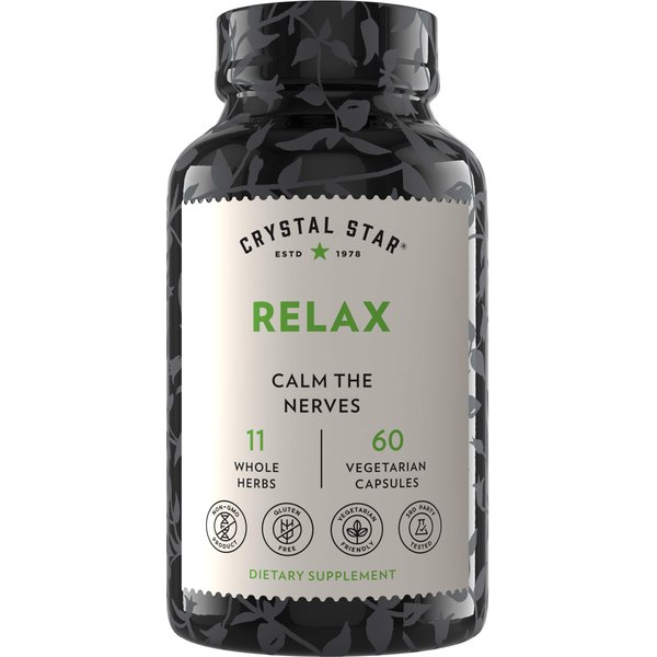 Crystal Star Relax (60 Capsules) - Helps Calm Nerves with Ashwagandha, American Skullcap And Kava Kava - NON-GMO