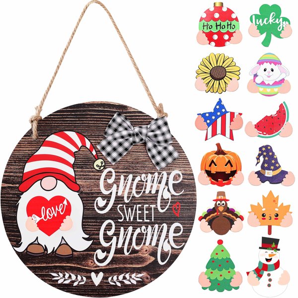 CYNOSA Interchangeable Seasonal Gnome Sweet Gnome Welcome Sign Front Door Decor Wooden Gnome Door Hanger, 12 Inches Farmhouse Wall Sign Gnome Decor (Brown)