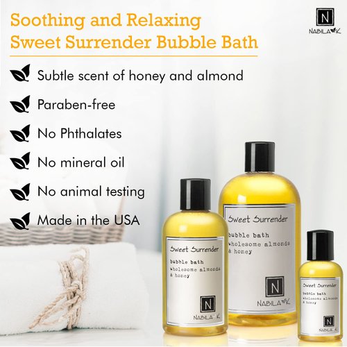 Sweet Surrender Bubble Bath with Almond & Honey Scent by Nabila K - Essential Oils with Natural Ingredients for Sensitive Skin, Tear-Free, Gentle, Moisturizing - Luxury for Women & Men, 8 oz