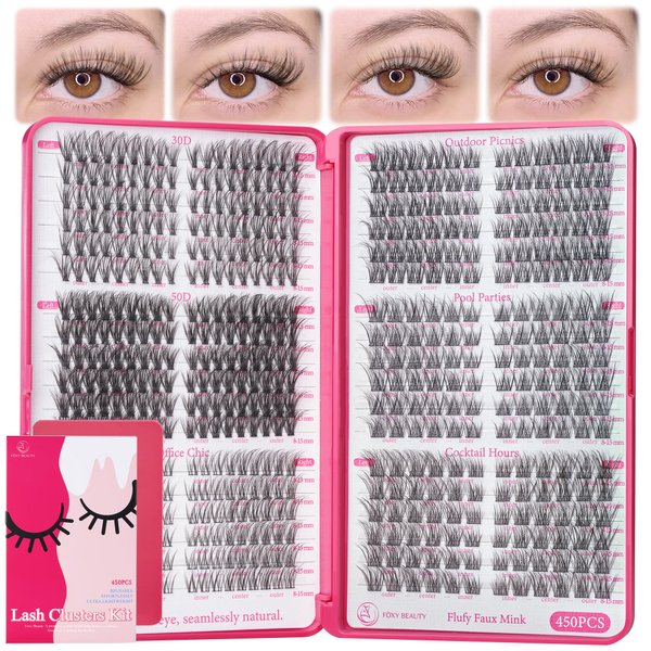Lash Clusters 450 Lash Clusters Left & Right Lash Extension Kit,Eyelash Clusters Natural & Fluffy 0.05D Eyelash Extension Cat Eye Lash Clusters Lightweight No Lash Glue Included