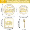 96Pcs Happy Golden Birthday Party Supplies White Gold Birthday Paper Plates Napkins Gold Glitter Birthday Dessert Party Tableware Set Golden Dinnerware for Women Men Birthday Party Decoration Serve 24