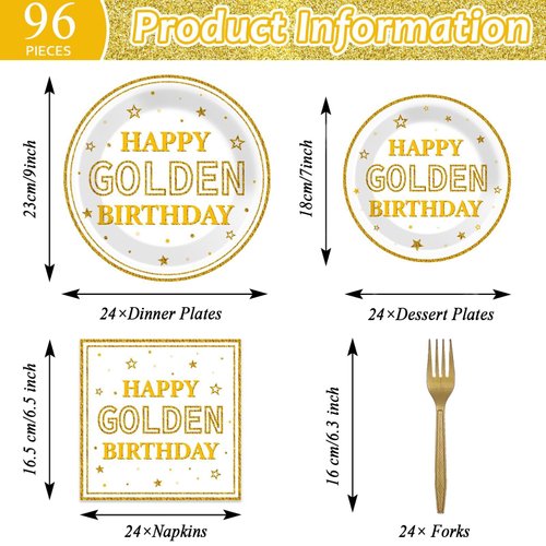 96Pcs Happy Golden Birthday Party Supplies White Gold Birthday Paper Plates Napkins Gold Glitter Birthday Dessert Party Tableware Set Golden Dinnerware for Women Men Birthday Party Decoration Serve 24