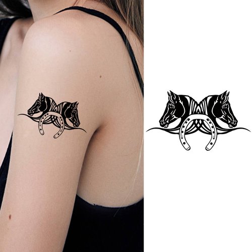 Dopetattoo Six sheets Temporary Tattoos for Men and Women Horse Heads with Horseshoe Fake tattoos for Men Women Neck Arm Chest