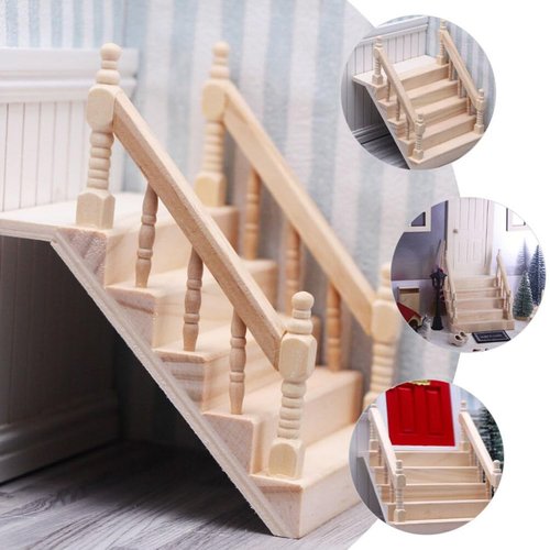 Angoily Mini Doll House Ladder Miniature Dollhouse Staircase 1 12 Scale Wooden Handrail Steps Model for Fairy Garden Mini House Furniture Micro Landscape Decorations Tiny Staircase Model