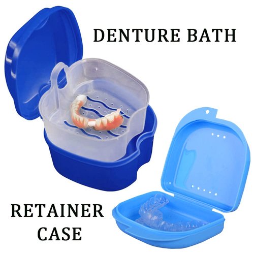 Denture Bath Case Cup with Denture Cleaner Brush & Retainer Holder Box, Complete Clean Care for Dentures, Clear Braces, Mouth Guard, Night Guard & Retainers,Traveling (Navy blue)