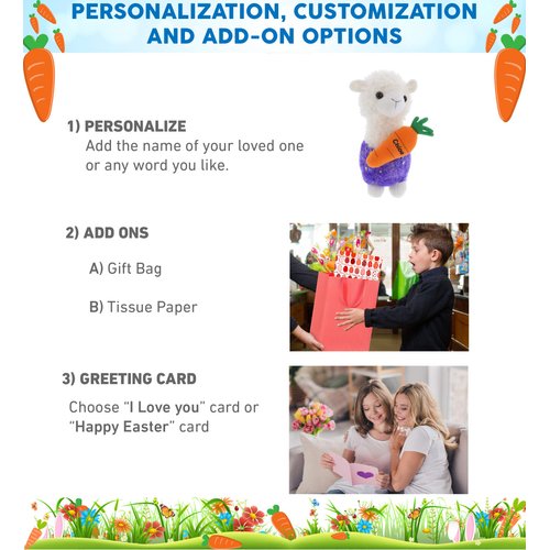 DolliBu Happy Easter Sparkle Purple Llama Plush with Carrot - Cute Stuffed Animals with Carrot Plush Toy, Perfect Easter Holiday Surprise Gift - 11.5" Inches