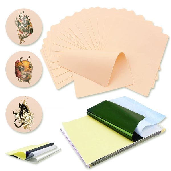 Combofix 20Pcs Tattoo Skin Practice with Transfer Paper - Tattoo Fake Skin and Tattoo Tracing Paper Kit Including 10Pcs Double Side Tattoo Skin and 10Pcs Stencil Paper for Tattoo Supplies…