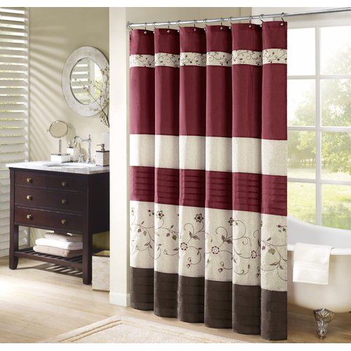 Madison Park Serene Flora Fabric Shower Curtain, mbroidered Transitional Shower Curtains for Bathroom, 72" x 72", Red