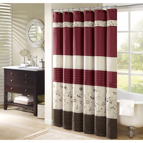 Madison Park Serene Flora Fabric Shower Curtain, mbroidered Transitional Shower Curtains for Bathroom, 72" x 72", Red