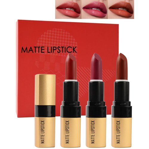 Matte Velvet Lipstick Makeup Set for Women-3 Color Orange Rose Dark Red Lipstick Tinted Lip Balm Pack,Long Lasting Waterproof Non-Stick Lipstick Lip Tint Stain Lip Gloss,Thanksgiving Makeup Gift Kit-A
