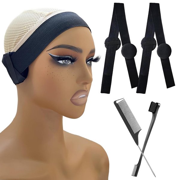 Citamora 2 Pcs Wig Band with Ear Covers, Lace Melting and Elastic Bands for Wigs, Edge Bands for Lace Front Wigs, with Slick Back Brushes for Edge Control (Black)