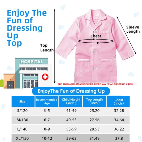 RioRand Kids' Doctor Lab Coat Costume with Accessories Role Play for Boys Girls Playset Nurse Costume Age 3-12 (Pink, M-130CM/6-7Y)