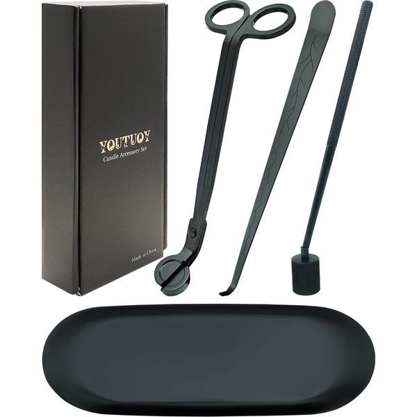 YOUTUOY 4 in1 Candle Accessory Set with Storage Tray Plate, Candle Wick Trimmer, Candle Wick Snuffer, Candle Wick Dipper, Great for Scented Candles Lovers (Matte Black)