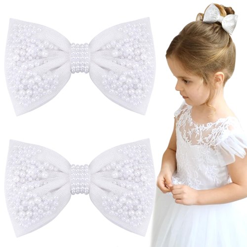 2Pcs Pearl Hair Bows for Girls, White Pearl Hair Bow Clips, Wedding Hair Accessories for Baby Infants Toddlers Kids