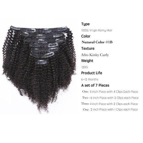Anrosa Thick Human Hair Extensions Kinkys Curly Clip ins Natural Black Hair Color #1B Afro Kinky Curly Clip in Hair Extension Real Virgin Remy Hair 14 Inch 120 Gram 3C 4A Type for Fashion Black Women