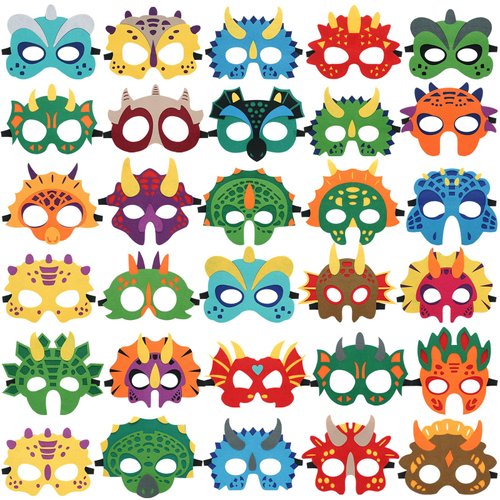 TAOVEN 30 Pcs Dinosaur Party Decorations Packs- Felt Dinosaur Masks for Kids, Dino Mask Birthday Party Decorations and Dinosaur Party Favors Supplies