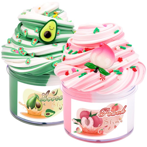 2 Pack Dual Colored Butter Slime Kit,Peach Slime,Avocado Fruit Slime,Non Sticky,Super Soft Sludge Toy,Birthday Gifts for Kids 4-12,DIY Butter Slime Party Favor for Girls & Boys 7OZ 200ML