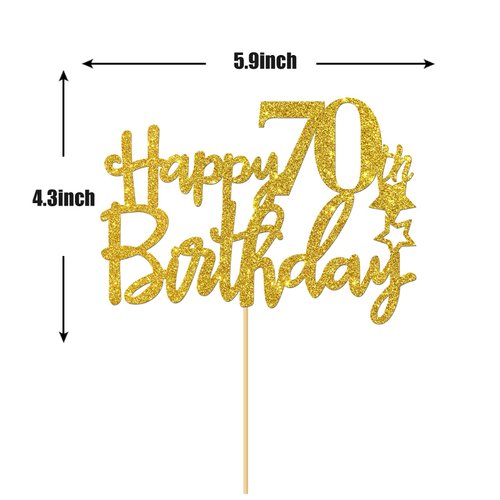 Gold Glitter Happy 70th Birthday Cake Topper, Hello 70, Cheers to 70 Years, 70 & Fabulous Party Decoration