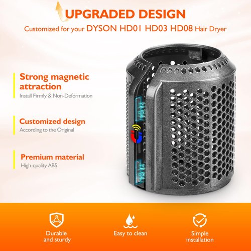 Magnetic Hair Dryer Filter Replacement for Dyson Supersonic HD01 HD03 HD08 HD15 Hair Dryer Attachment, Hair Dryer Outer Filter Spare Parts with Brush (Metallic Gray)