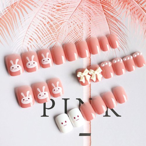 Cute Bunny Press on Nails for Women Kid Short Easter Fake Nail Cute Rabbit Fake Nails with Glue Short Full Cover False Nail Tips Stick on Nails Lovely Gift Girls Nail Art Decoration -Pink…