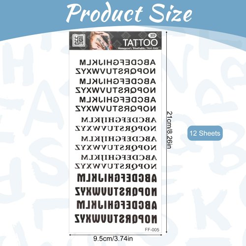 12 Sheets Temporary Tattoo Letters Self-adhesive Custom Temporary Tattoos Fake Letters Tattoo Stickers for Women and Men