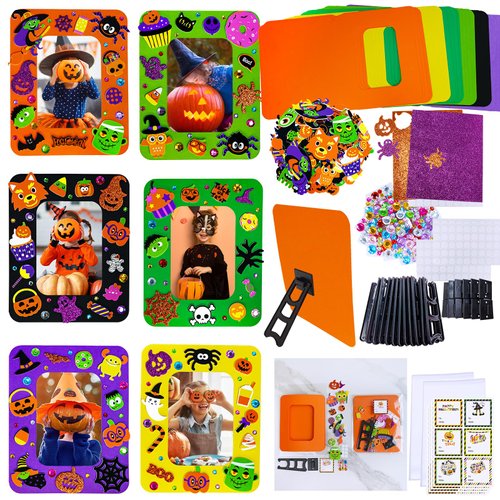 Winlyn 24 Sets Halloween Craft Kits DIY Halloween Picture Frame Decorations Art Sets Ghost Monster Jack-O'-Lantern Fall Leaf Festive Foam Stickers Arts and Crafts for Kids Party Classroom Activities