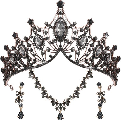 Hicarer 3 Pieces Baroque Queen Crown Set, Tiara Earrings Necklace Crystal Headband Tiaras and Crowns for Women Bridal Wedding Jewelry Halloween Prom Birthday Party Hair Costume Accessories (Black)