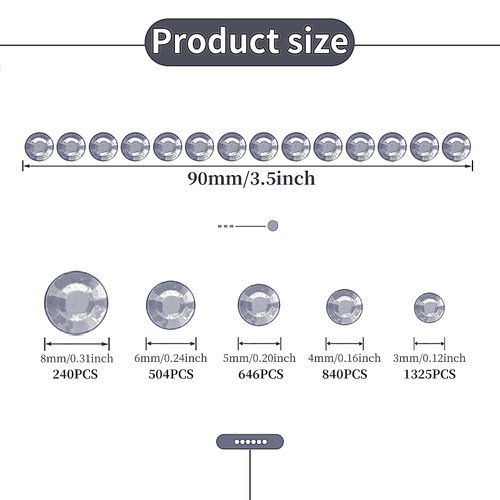 3555Pcs White Self-Adhesive Rhinestone Stickers Face Gems Stick on Hair Jewels Eye Gems Body Glitter Jewel Sticker for DIY Crafts Nail Makeup Decor Scrapbooking Embellishments 5 Sizes 3/4/5/6 /8 mm