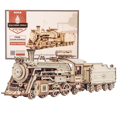 ROKR 3D Wooden Puzzle for Adults Mechanical Car Model-DIY Building Vehicle Kits-Brain Teaser Toys-Gift for Men Women Kids on Birthday/Christmas Day (Steam Train Model with Carriage)