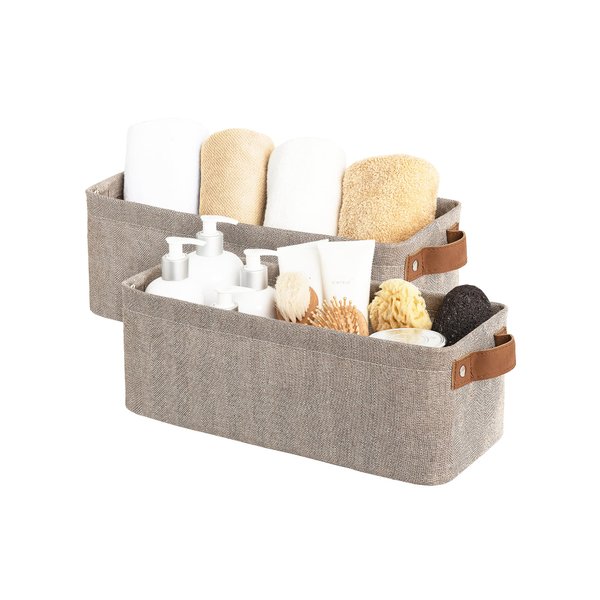 StorageWorks Narrow Storage Bins, Small baskets for Organizing, Long Storage Basket with Handles, Fabric Storage Bins for Shelf, Brown and Beige, 2-Pack