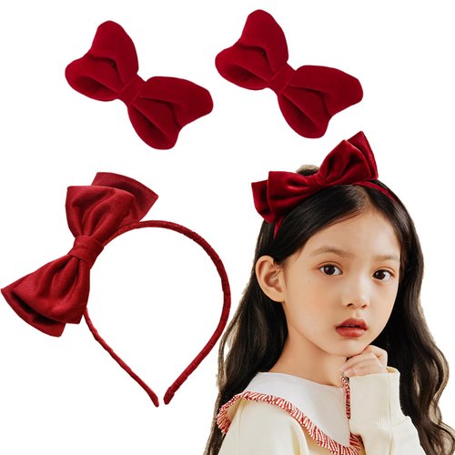 FMOYSIEN Red Bow Headband for Women Red Velvet Headband Burgundy Velet Bow Hair Clips for Valenti...