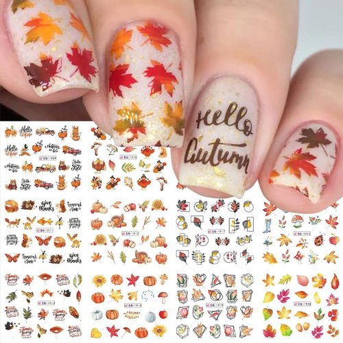 Fall Leaf Nail Art Stickers, LPOODDNU Maple Leaf Nail Decals Autumn Nail Art Supplies Cute Maple Leaves Turkeys Squirrels Pumpkins Water Decals for Women Thanksgiving Day Nail Art Decorations