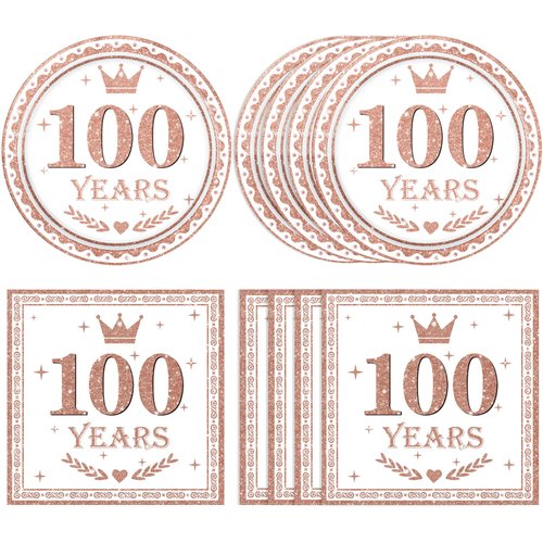40 PCS 100th Birthday Decorations for Women White and Rose Gold Happy 100th Birthday Include Plates Napkins 100th Birthday Anniversary Party Decorations Supplies Serve 20
