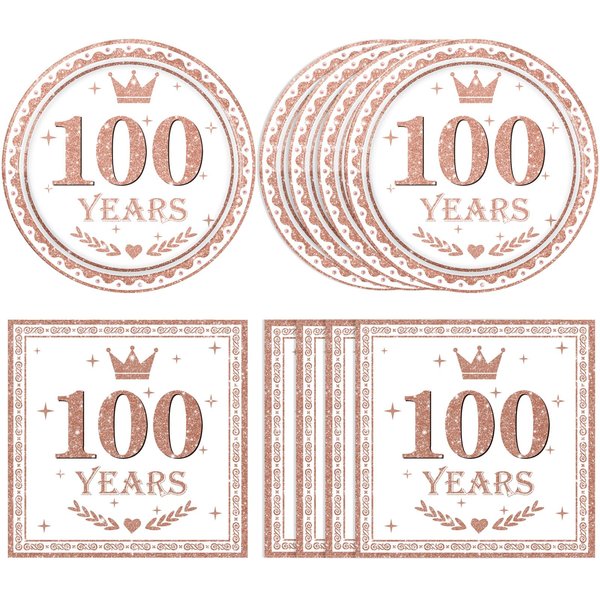 40 PCS 100th Birthday Decorations for Women White and Rose Gold Happy 100th Birthday Include Plates Napkins 100th Birthday Anniversary Party Decorations Supplies Serve 20