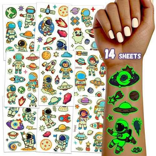TatoYard 14 Sheets Goodie Bags Stuffers for Kids, Luminous Temporary Tattoos for Birthday Party Supplies, Glow Temp Tattoos for Boys Girls Party Favors Decorations (Astronaut)