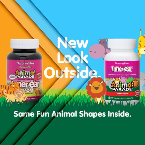NaturesPlus Animal Parade Inner Ear Support Children’s Chewable - Natural Cherry Flavor - 90 Animal-Shaped Tablets - Probiotic Supplement - Gluten Free - 45 Servings
