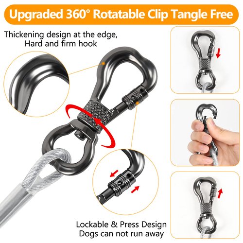 Tresbro 15FT Reflective Dog Tie Out Cable for Dogs Up to 250 Pounds, Steel Wire Dog Leash Cable with Stainless Rotatable Buckle, Lightweight and Durable, Dog Chains Outside for Outdoor,Yard,Camping