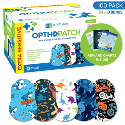 OPTHOPATCH Kids Eye Patches - Fun Boys Design - 90+10 Bonus Latex Free Hypoallergenic Cotton Extra Sensitive Adhesive Bandages for Amblyopia & Cross Eye-3 Reward Chart Posters by Defined Vision