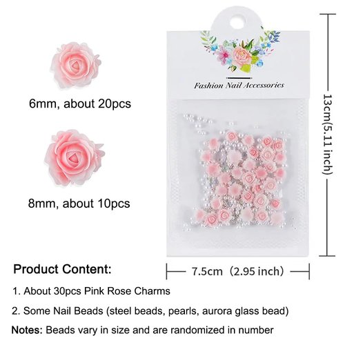 3D Pink Rose Flower Nail Charms Flower Nail Art Charms Nail Pearls Beads Flower Charms for Nails Design Rose Nail Charm Floral Nail Jewels for Nail Art Rhinestones for Nails Supply Nail Decorations
