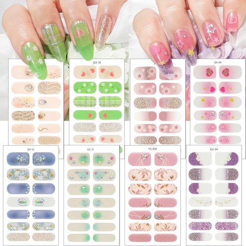 Sutaozhi Semi Cured Gel Nail Strips Stickers for Nail Art 8Sheets Gel Nail Stickers Flowers Heart Star French Nail Design Nail Wraps Decals Glitter Nail Polish Strips Nail Decoration for Nail Supplies