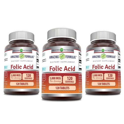 Amazing Formulas Folic Acid Supplement | 5000 Mcg | 120 Tablets | Non-GMO | Gluten Free | Made in USA (3 Pack)