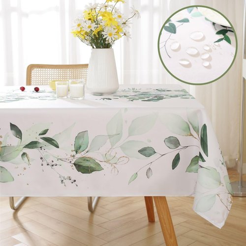 Honellaty Spring Summer Tablecloth Rectangle, Watercolor Eucalyptus Leaves-Printed Spill-Proof Machine Washable Polyester Floral Table Cloth for Indoor/Outdoor Table Decor 60 x 84 Inches