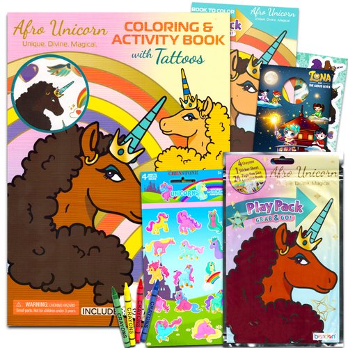 Afro Unicorn Activity and Coloring Book Bundle - Unicorn Coloring Set for Black Girls Includes Afro Unicorn Coloring Book and Play Pack with Tattoos, Stickers, More (Coloring Books for Black Kids)