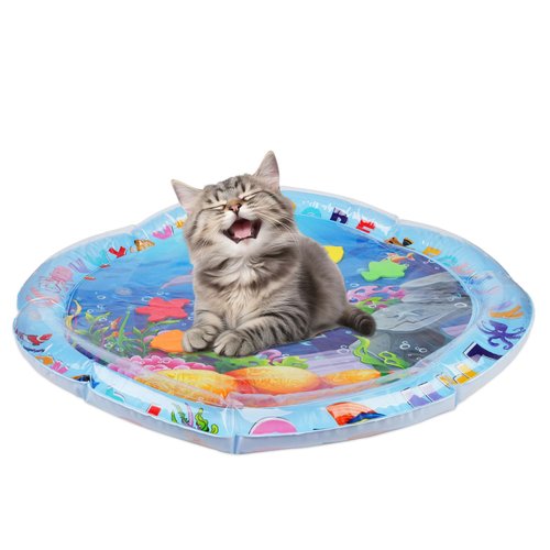 NQEUEPN Cat Water Play Mat, Cool Comfort Cat Play Pad Fun Pet Water Play Interactive Sensory Water Pad Toy for Pet Dog Cat Water Play Alone (Round Gray Whale)